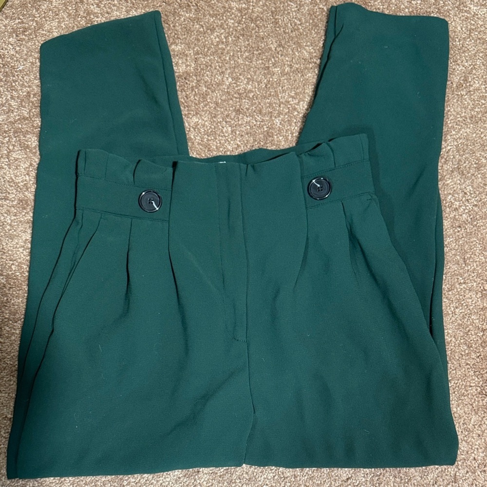 GUC H&M Women's Dark Green Crop Trousers Paper Bag Waist